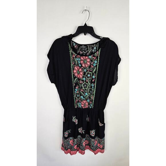 Angie Black Pink Floral BOHO Mini Dress With Pockets Size Large Dolman Sleeve - Picture 2 of 9
